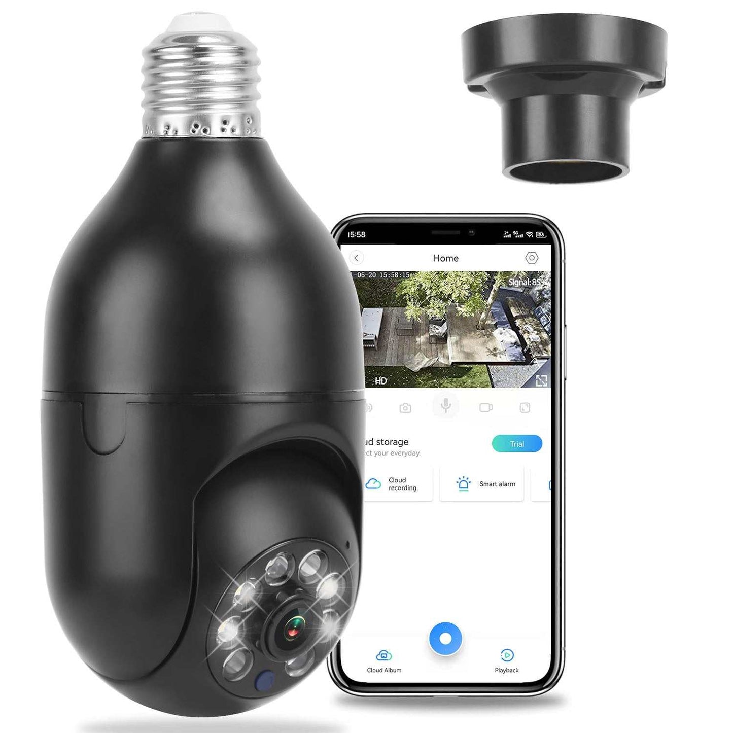 Black E27 WiFi Bulb Camera with 1080P HD, pan tilt, night vision, motion detection, two-way audio, and app control