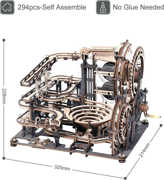 Robotime ROKR Marble Night City 3D wooden puzzle waterwheel model with 294 pieces, self-assembly, no glue needed.