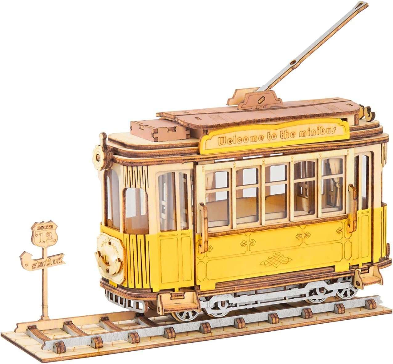Robotime Rolife vintage wooden 3D tram model puzzle toy for kids