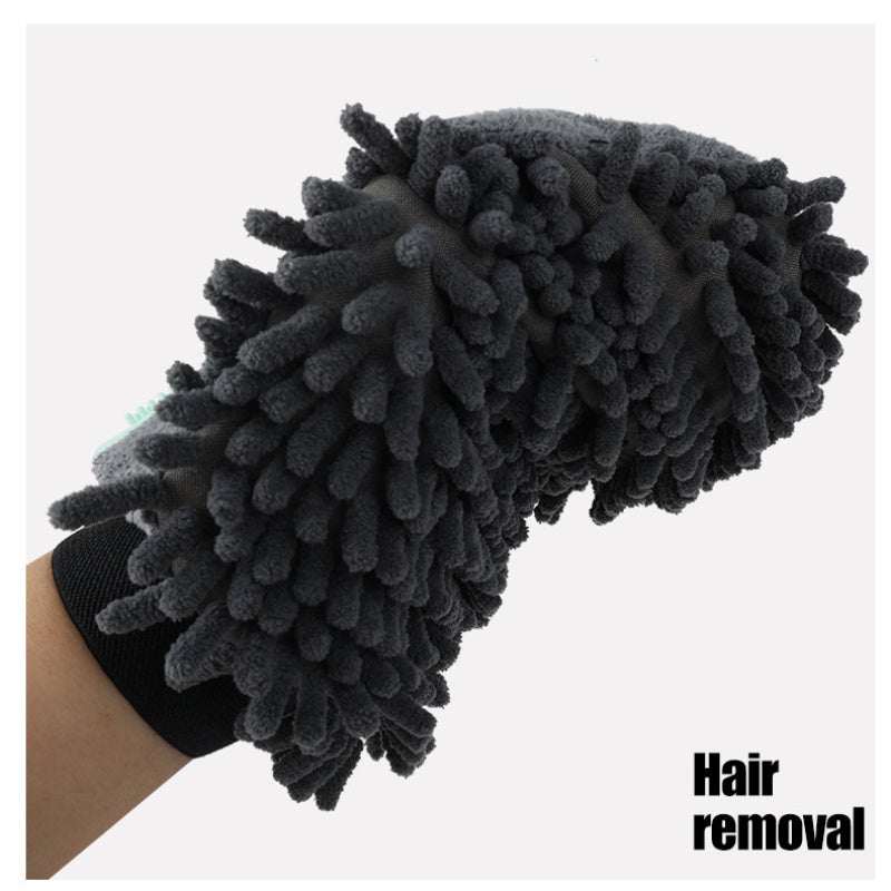 Black chenille microfiber pet bathing brush glove for grooming and massaging dogs and cats