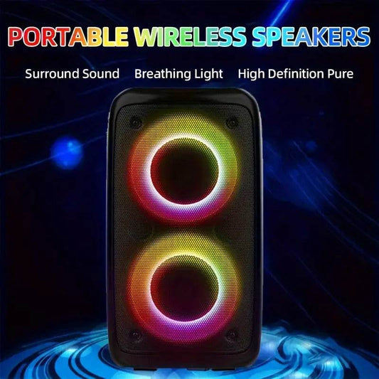 Wireless speaker with subwoofer and LED color-changing lights, portable boombox for outdoor parties