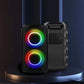 Wireless speaker with subwoofer featuring colorful LED light show, portable boombox design, and multiple connectivity options for outdoor and party use