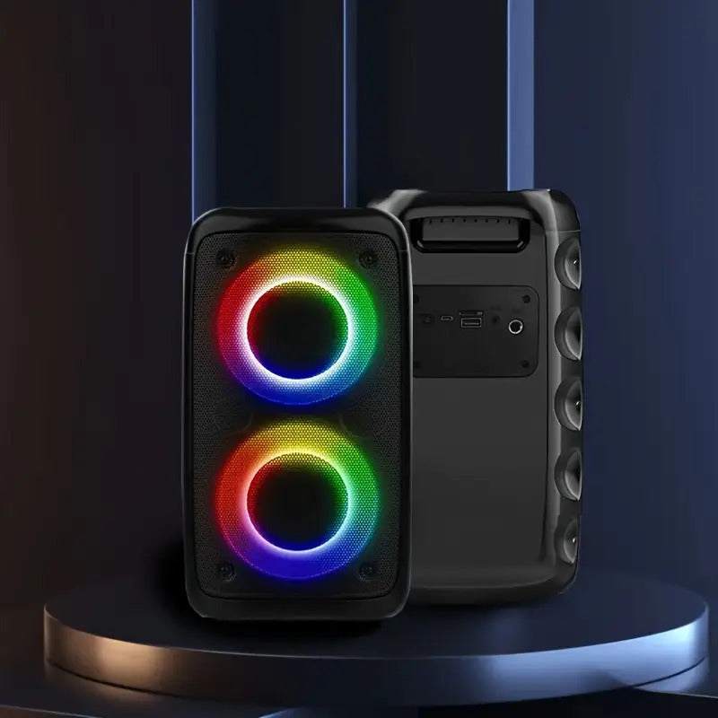 Wireless speaker with subwoofer featuring colorful LED light show, portable boombox design, and multiple connectivity options for outdoor and party use