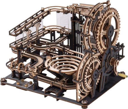 Robotime ROKR Marble Night City 3D wooden puzzle model with waterwheel and marble run assembly toy for kids