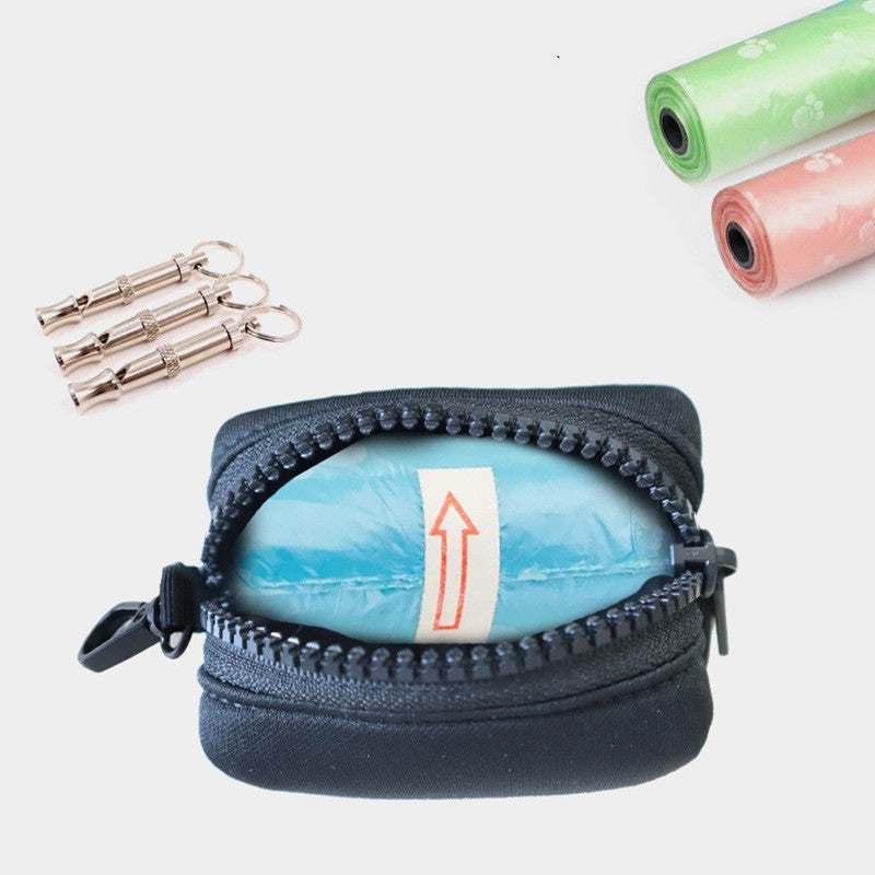 Compact black pet supplies stool bag dispenser made of diving fabric with zipper and poop bags inside