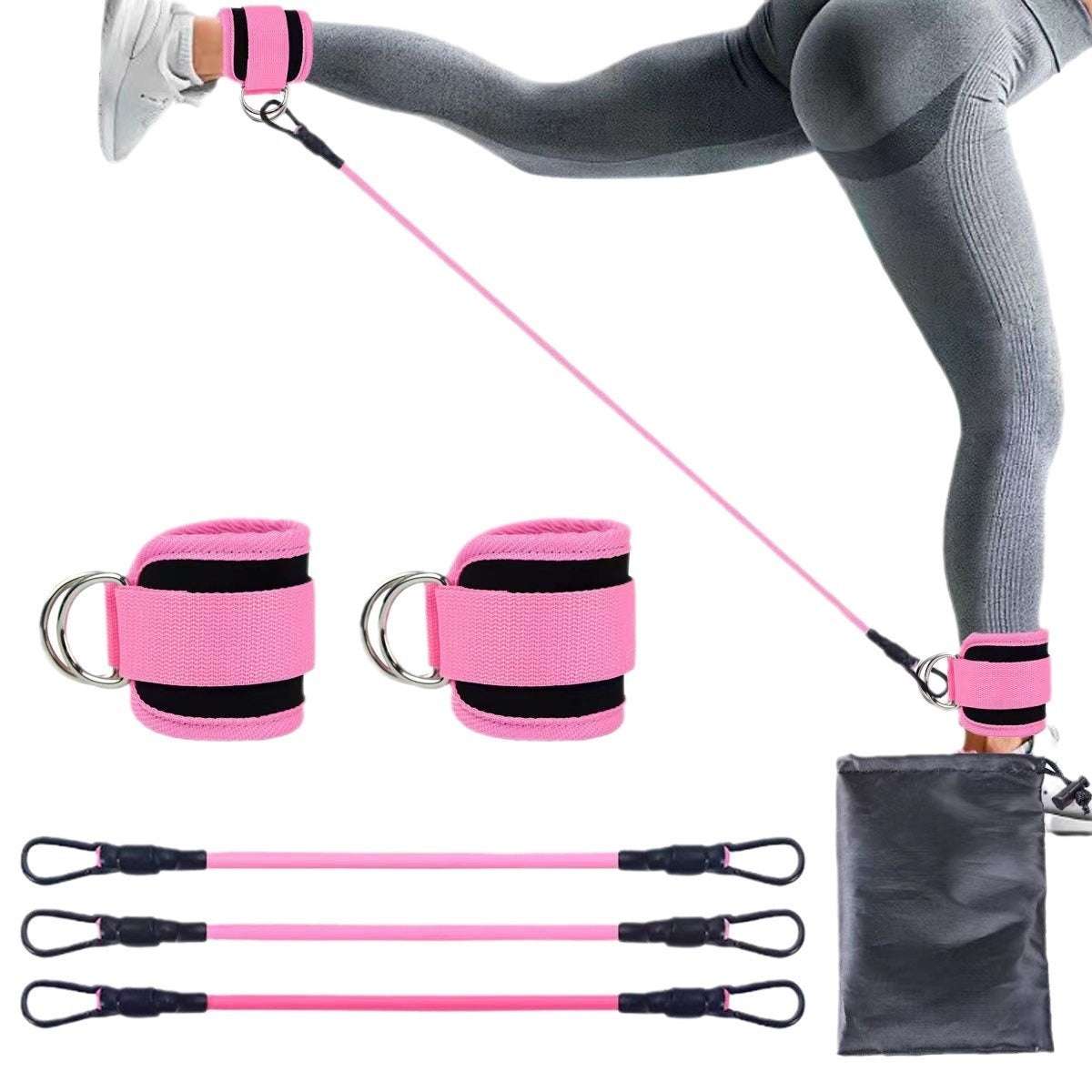 Pink ankle strap resistance bands with pull rope for leg and hip strength training