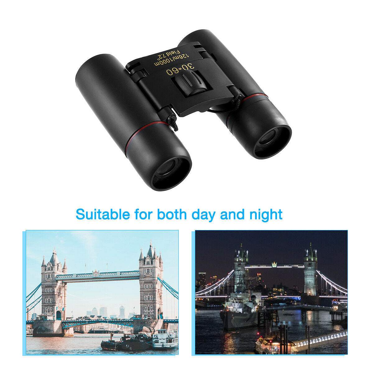 Compact black 30x60 zoom binoculars with foldable design for day and night outdoor use