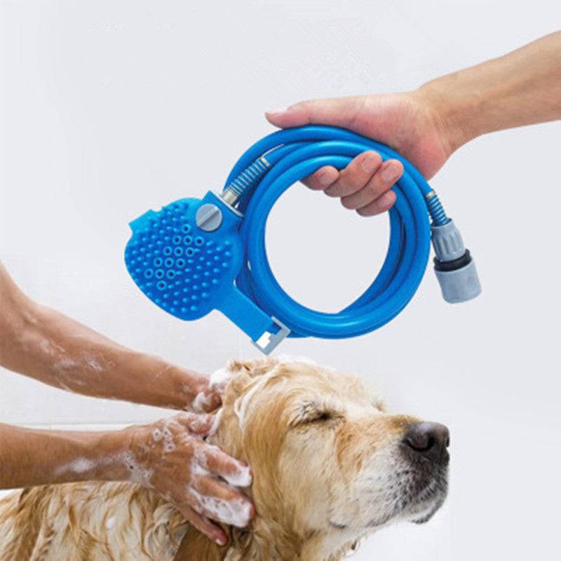 Blue handheld pet bathing tool with massager sprayer and hose for dog washing