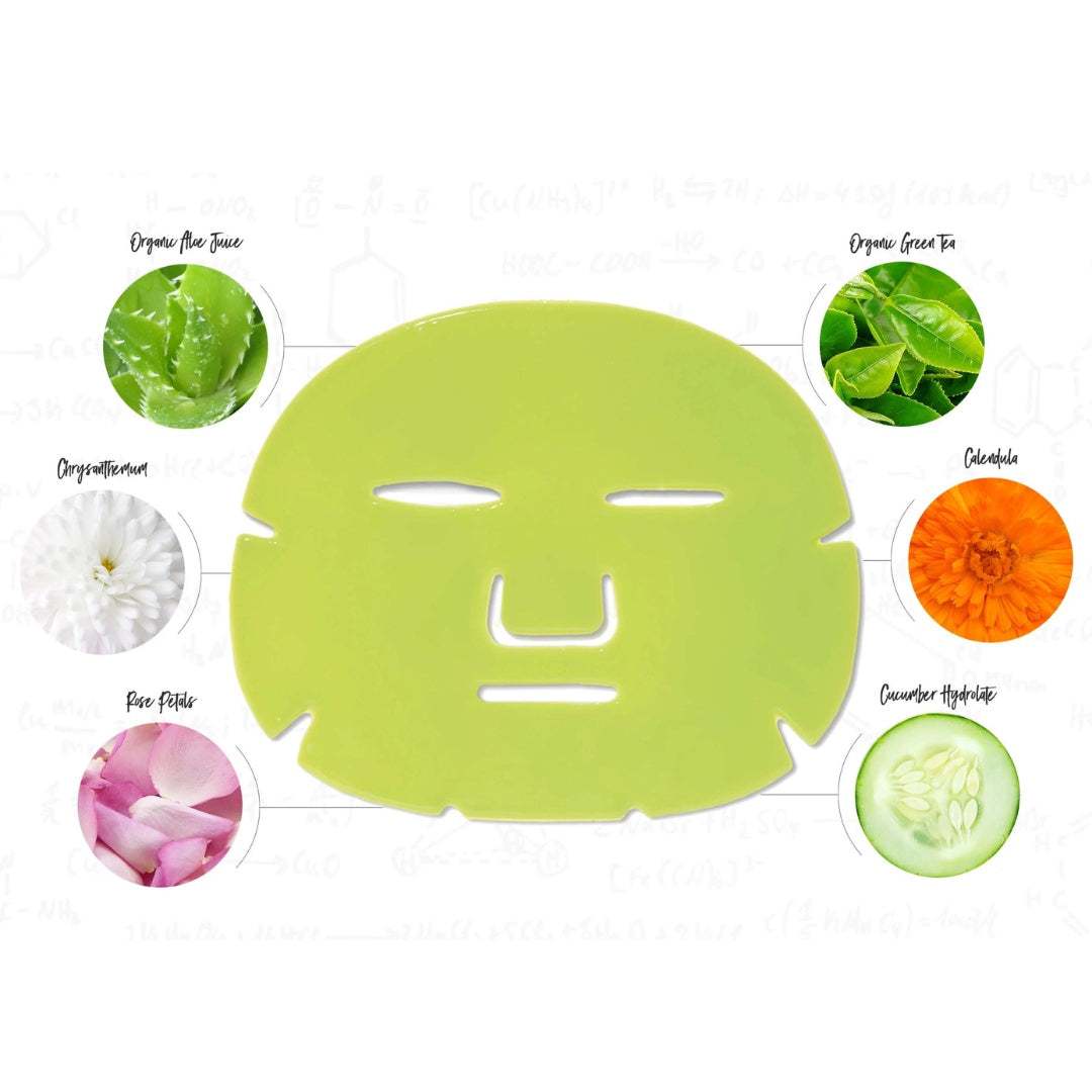 Green facial fruit vegetable mask with natural ingredients like aloe vera, green tea, chrysanthemum, calendula, rose petals, and cucumber hydrolate