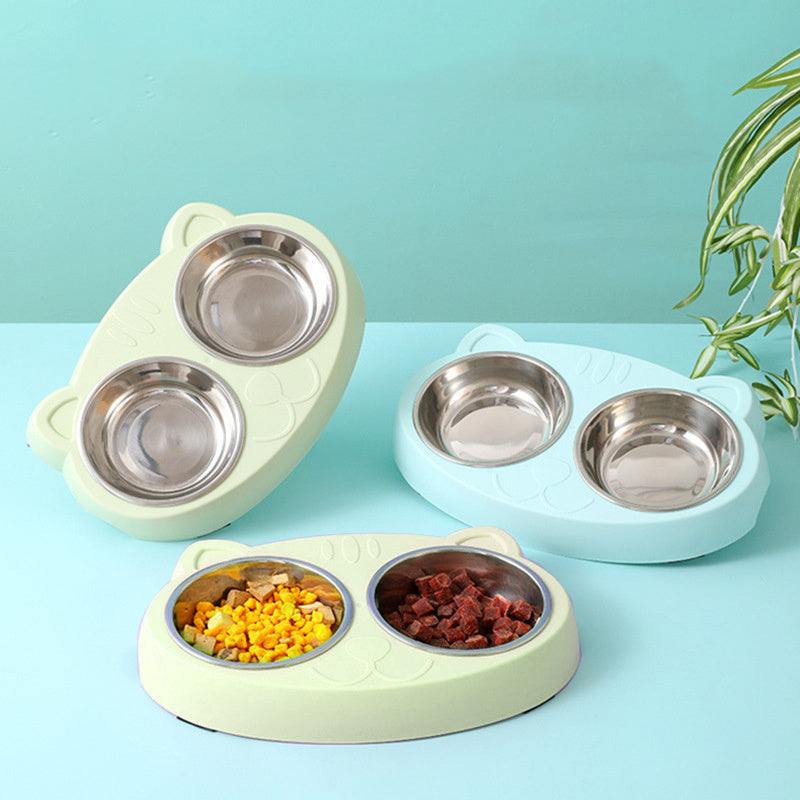 Double dog bowls with stainless steel removable bowls and non-slip resin station for medium dogs and cats