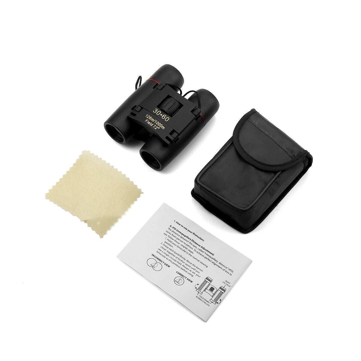 Compact black 30x60 zoom binoculars with carry bag and cleaning cloth