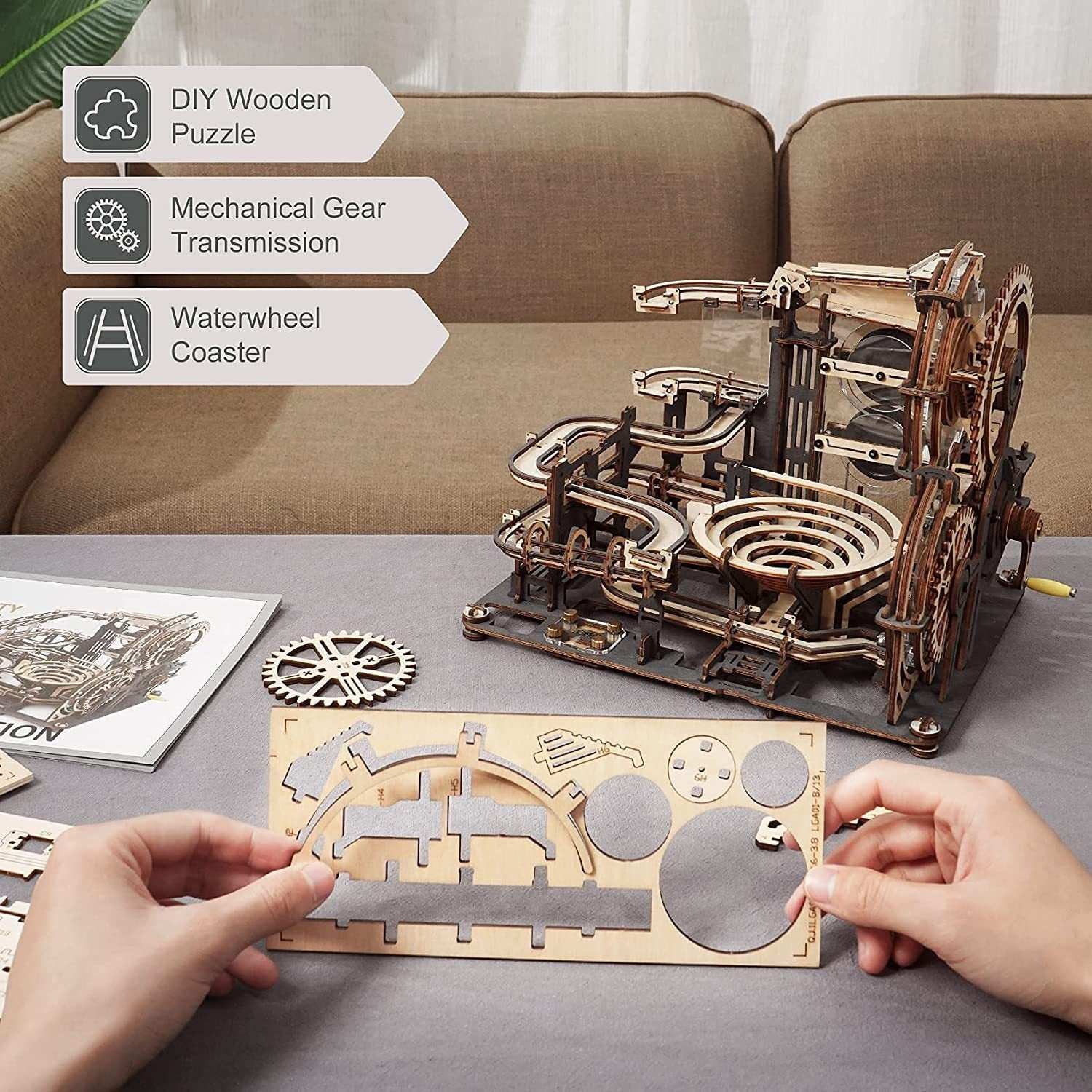 Robotime ROKR Marble Night City 3D wooden puzzle with mechanical gear and waterwheel coaster assembly model toy for kids