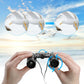 Hands holding black 30x60 zoom binoculars with bird watching zoom comparison over sea background