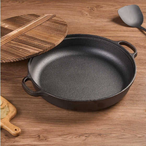 11" Cast Iron Wok – Dual Handles & Wood Lid