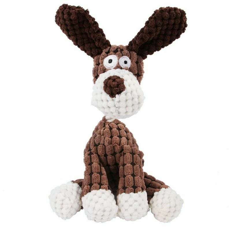 Plush brown and white dog chew toy with squeaker for dental cleaning and interactive play