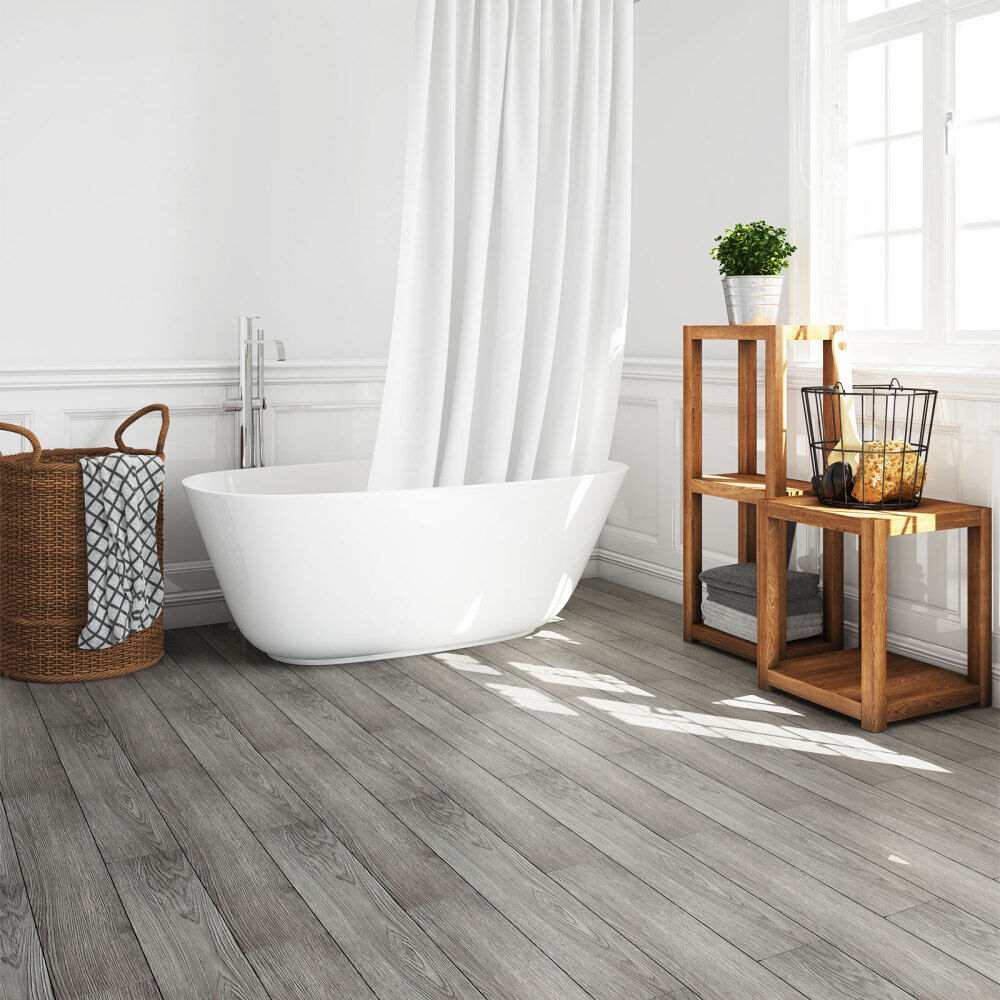 Bathroom with gray wood effect self-adhesive floor planks tiles vinyl flooring