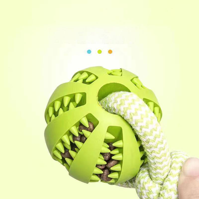 Interactive dog treat ball with hemp rope, chew-resistant, durable rubber, promotes dental health and play for small dogs