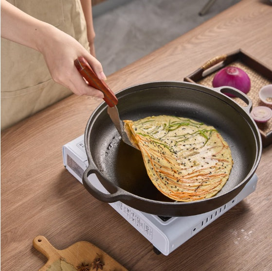 11" Cast Iron Wok – Dual Handles & Wood Lid