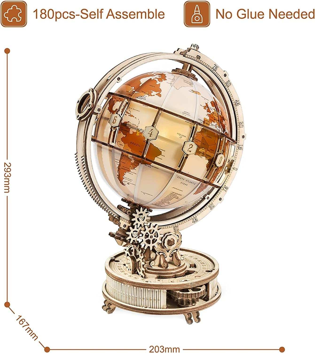 Rokr Luminous Globe 3D wooden puzzle model kit with 180 pieces no glue needed rotatable design and vintage map decoration