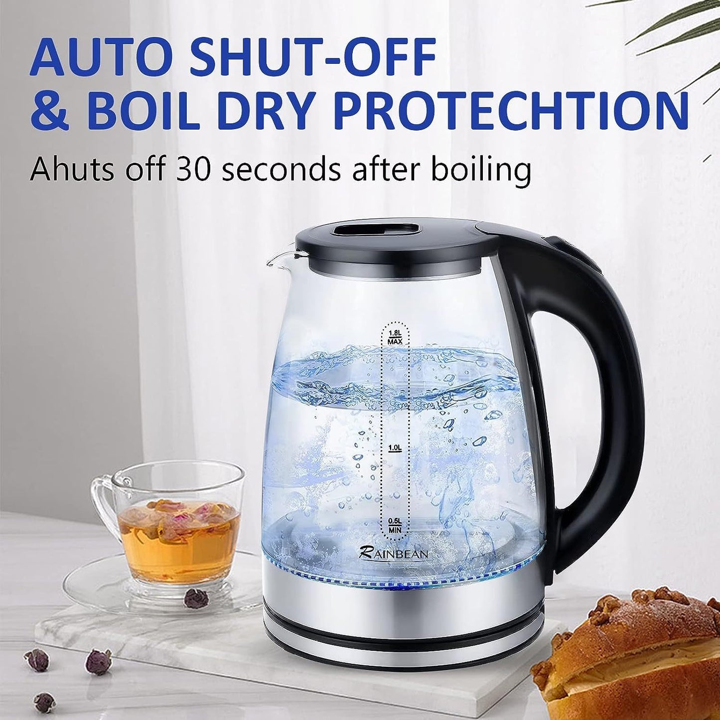 Electric Kettle Water Boiler, 1.8L Electric Tea Kettle, Wide Opening Hot Water Boiler With LED Light, Auto Shut-Off & Boil Dry Protection, Glass Black - The Peppermint Room