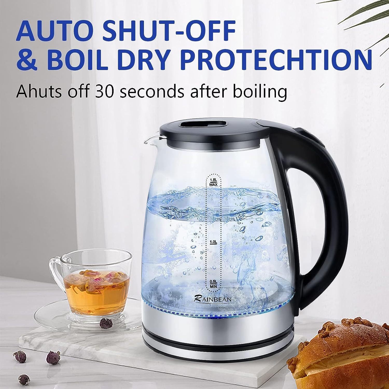 Electric Kettle Water Boiler, 1.8L Electric Tea Kettle, Wide Opening Hot Water Boiler With LED Light, Auto Shut-Off & Boil Dry Protection, Glass Black - The Peppermint Room