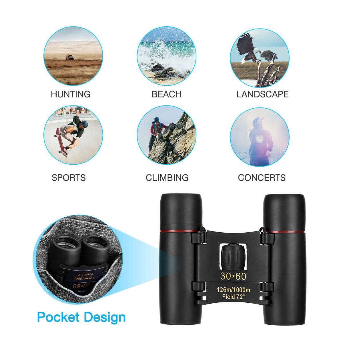30x60 zoom binoculars black compact folding small pocket telescope for outdoor sports hunting and concerts with carry bag