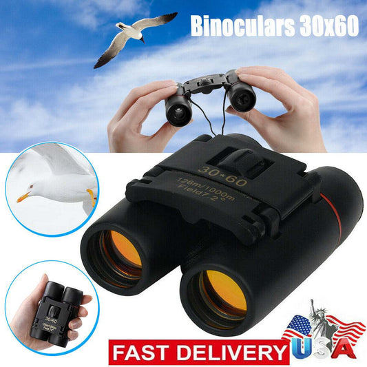 Compact black 30x60 zoom binoculars with red membrane coated lenses for outdoor use and pocket portability