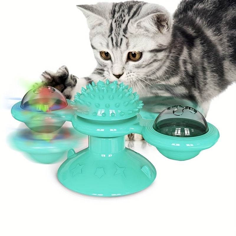 New Windmill Cat Toys Cute Rotating Interactive Cat Toy - Indoor Windmill Cat Toy With Suction Cup Catnip & Jagged Teeth Middle Ball, Smart Kitten Rotating Spinner Exercise Toy, Toothbrush & Massager - The Peppermint Room