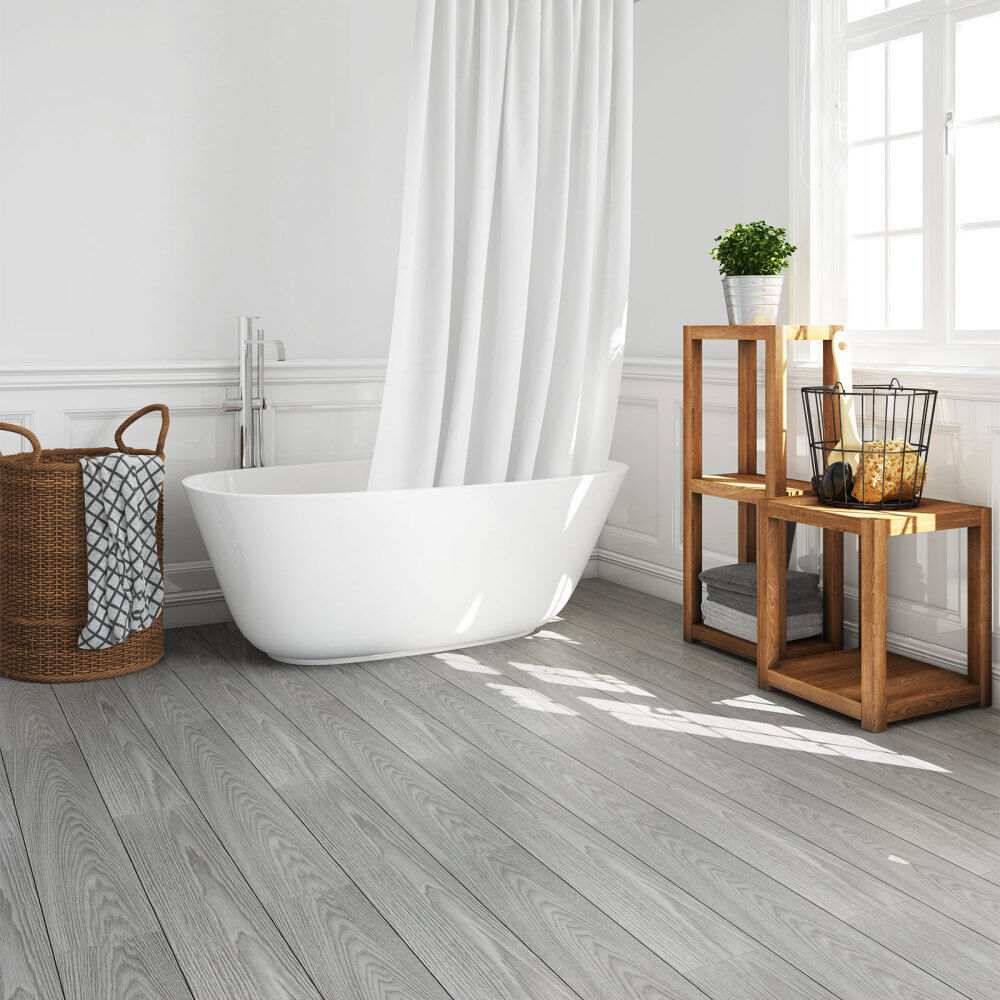 Self-adhesive wood effect vinyl floor planks tiles in bathroom with modern decor