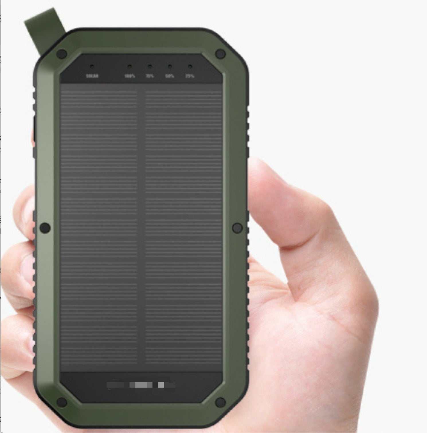 hand holding green wireless solar powerbank with LED indicators and rugged design