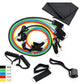 Set of colorful latex resistance bands with foam handles and accessories for yoga and fitness exercises