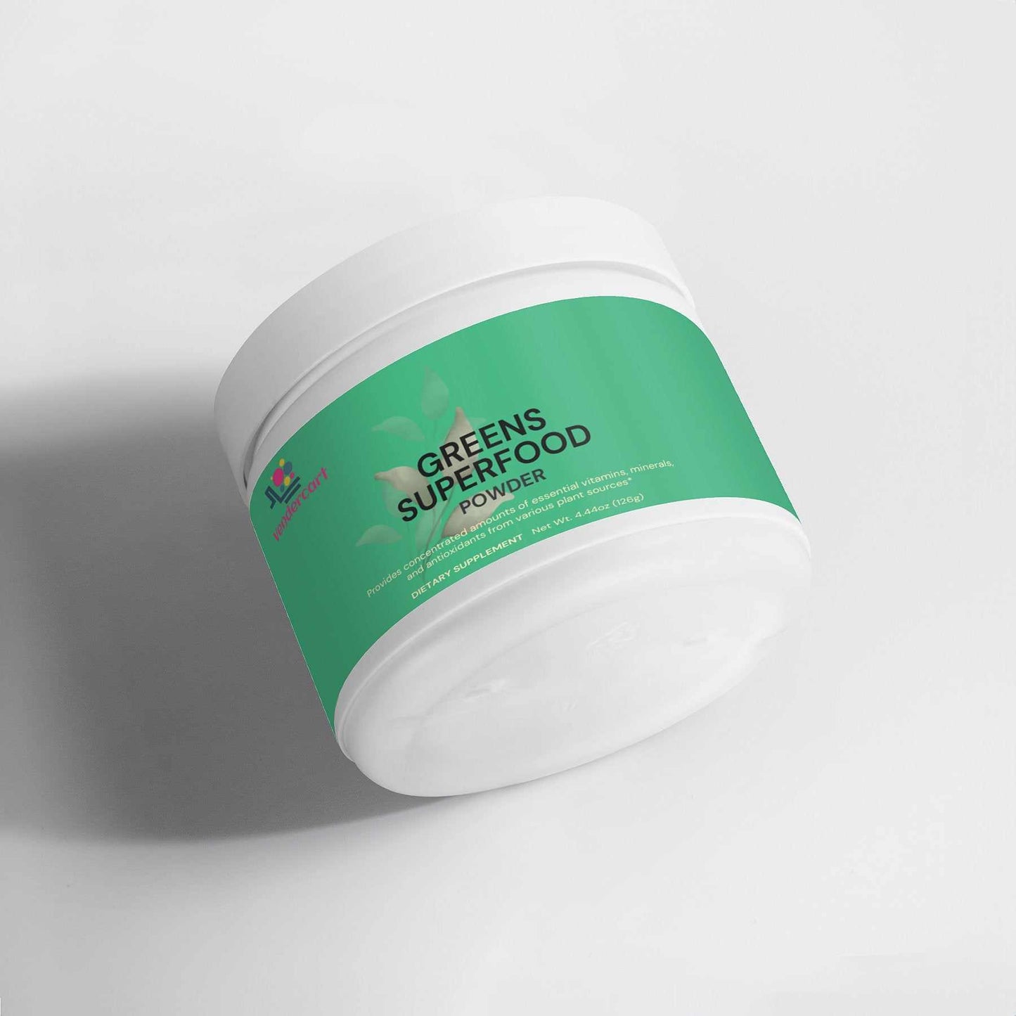 Container of Green Superfood Powder with nutrient-rich plant blend label