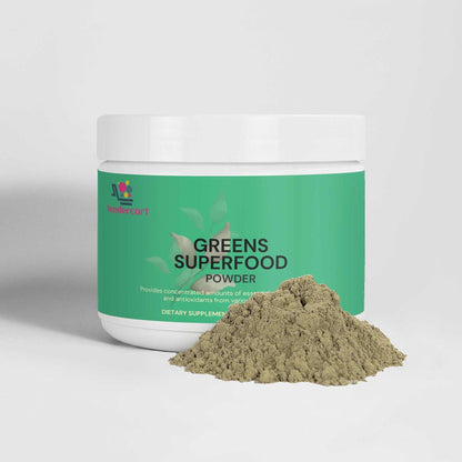Green Superfood Powder container with nutrient-rich green powder pile on white background