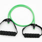 Green latex resistance bands with foam handles for yoga and fitness workouts