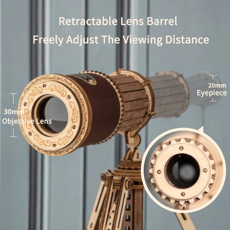 3D wooden puzzle game telescope with adjustable lens barrel and detailed engravings for children and adults assembly toy