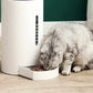 Smart Pet Feeder dispensing food to gray tabby cat on wooden floor