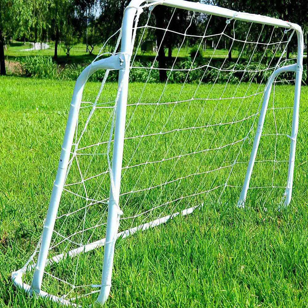 8' x 5' soccer goal with white powder coated steel frame and nylon net on grass field