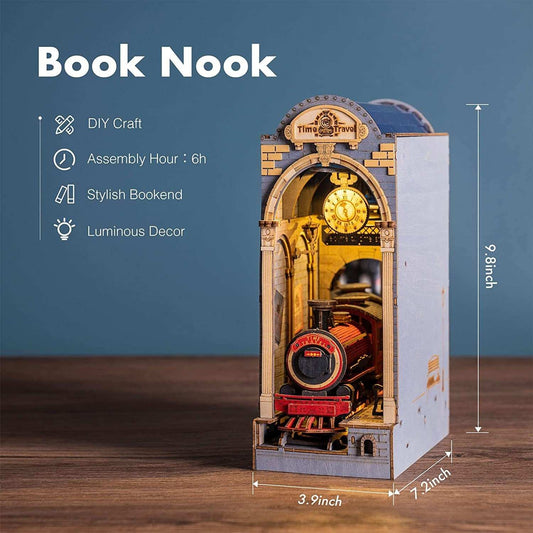 Robotime Rolife Book Nooks DIY wooden miniature train-themed bookend with luminous decor