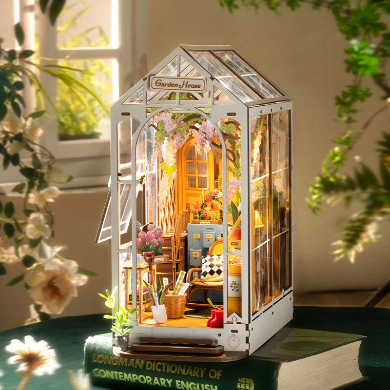 Robotime Rolife Book Nooks DIY wooden miniature garden house with detailed furniture and floral decor