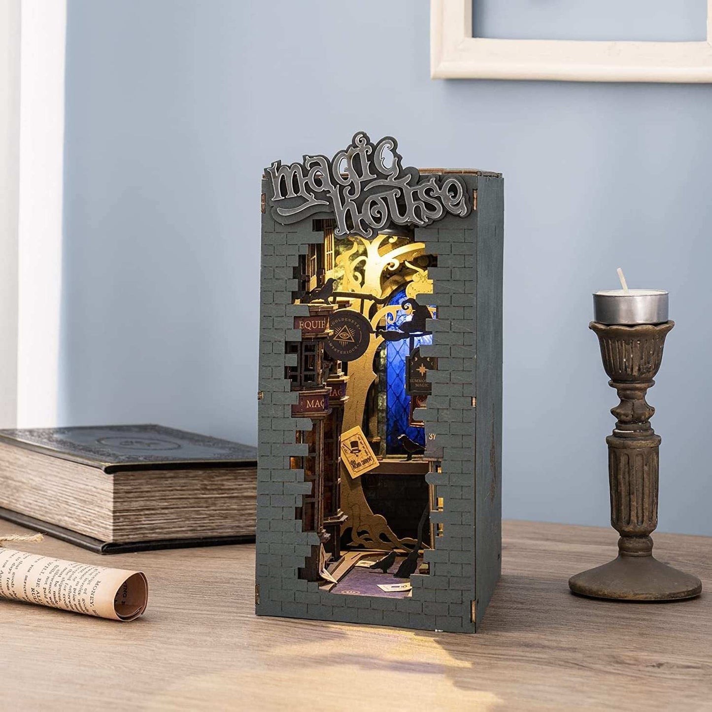 Robotime Rolife Book Nooks Magic House wooden miniature DIY model with light on table