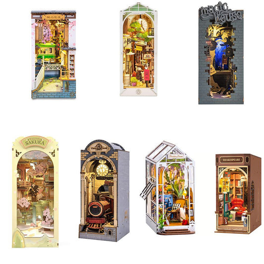 Robotime Rolife Book Nooks series DIY wooden miniature houses with detailed furniture and themed designs including Sakura Densya, Sunshine Town, Magic House, and Time Travel models