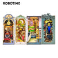 Robotime Rolife Book Nooks DIY wooden miniature house sets with detailed scenes including Time Travel, Sunshine Town, Sakura Densya, and Magic House.