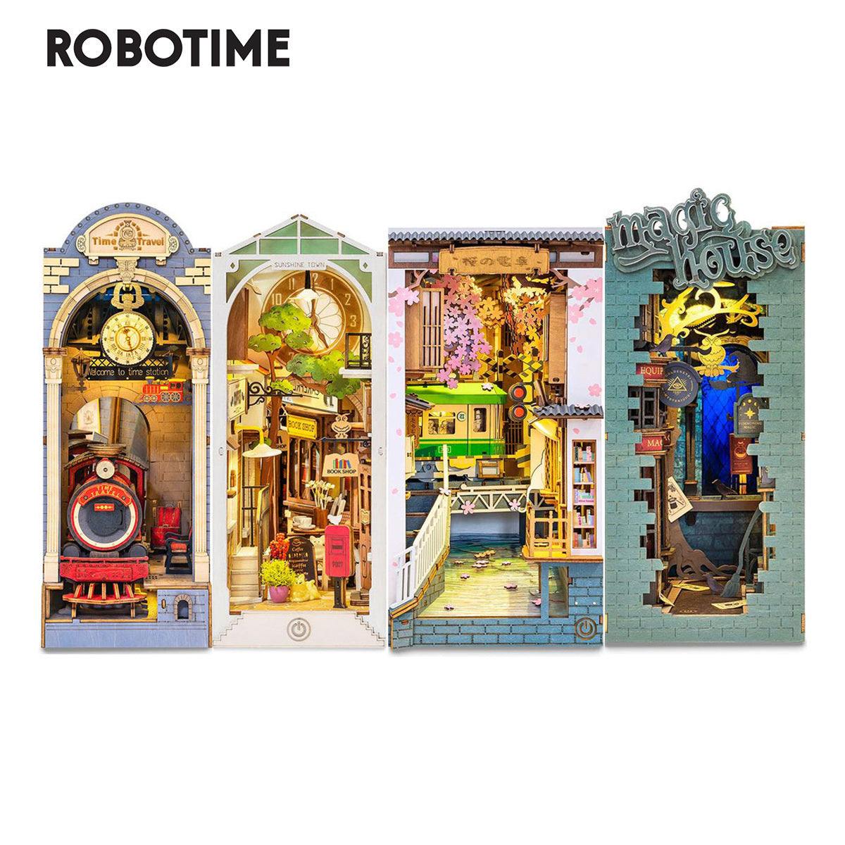 Robotime Rolife Book Nooks DIY wooden miniature house sets with detailed scenes including Time Travel, Sunshine Town, Sakura Densya, and Magic House.