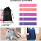 Set of 5 colorful resistance loop exercise bands with carry bag and instructions for home fitness and physical therapy.