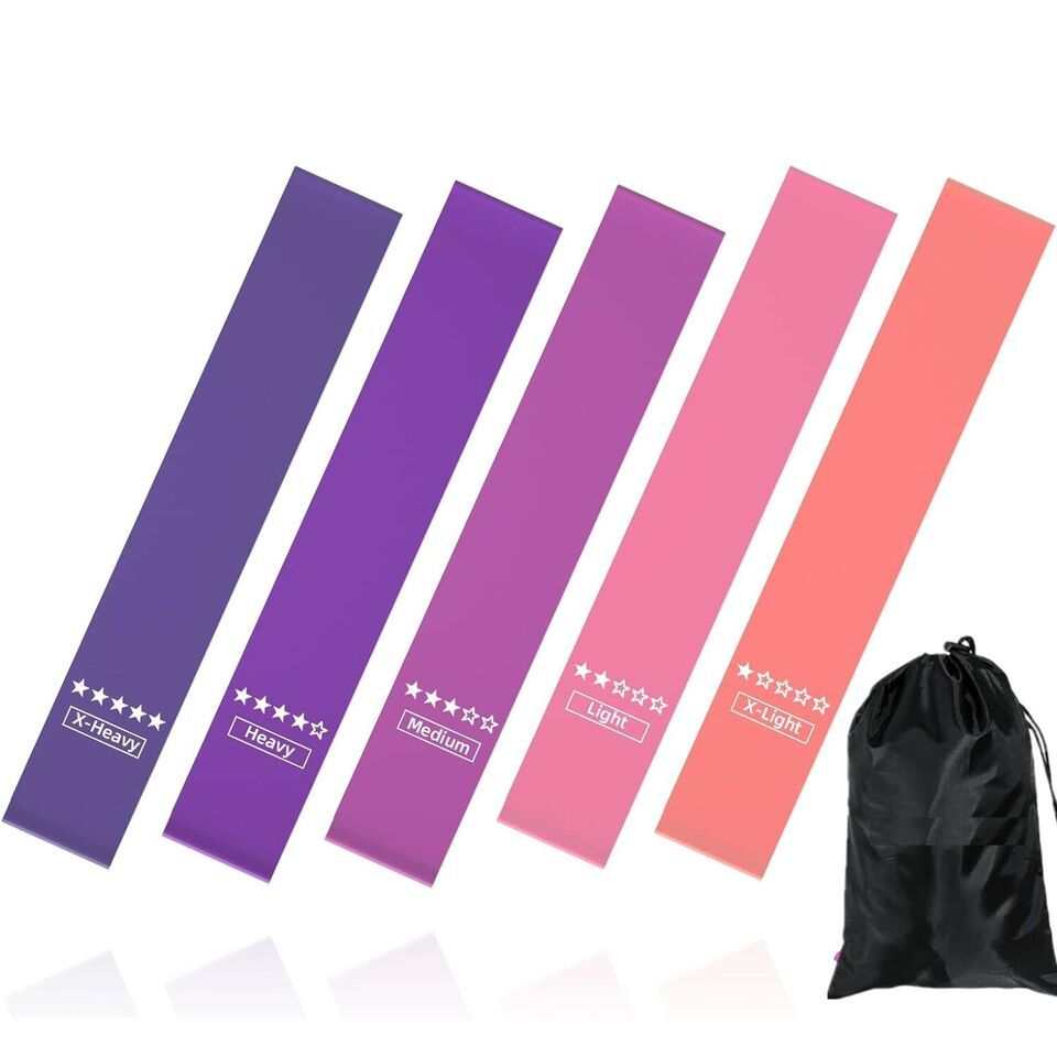 Set of 5 color-coded resistance loop exercise bands with varying stretch levels and a black carrying pouch for home fitness and physical therapy
