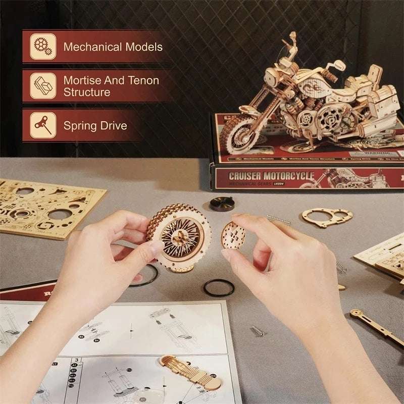 420 piece wooden building block kit for DIY mechanical cruiser motorcycle model with spring drive and mortise-tenon structure