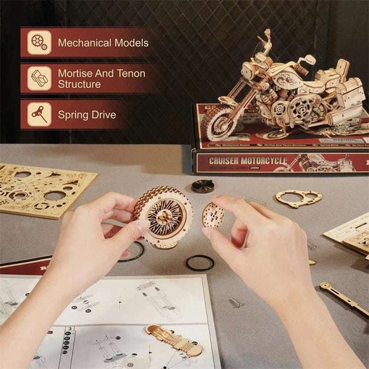420 piece wooden building block kit for DIY mechanical cruiser motorcycle model with spring drive and mortise-tenon structure