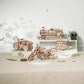 420 piece wooden building block DIY model kit featuring motorcycle, train, and tractor wooden models on display table