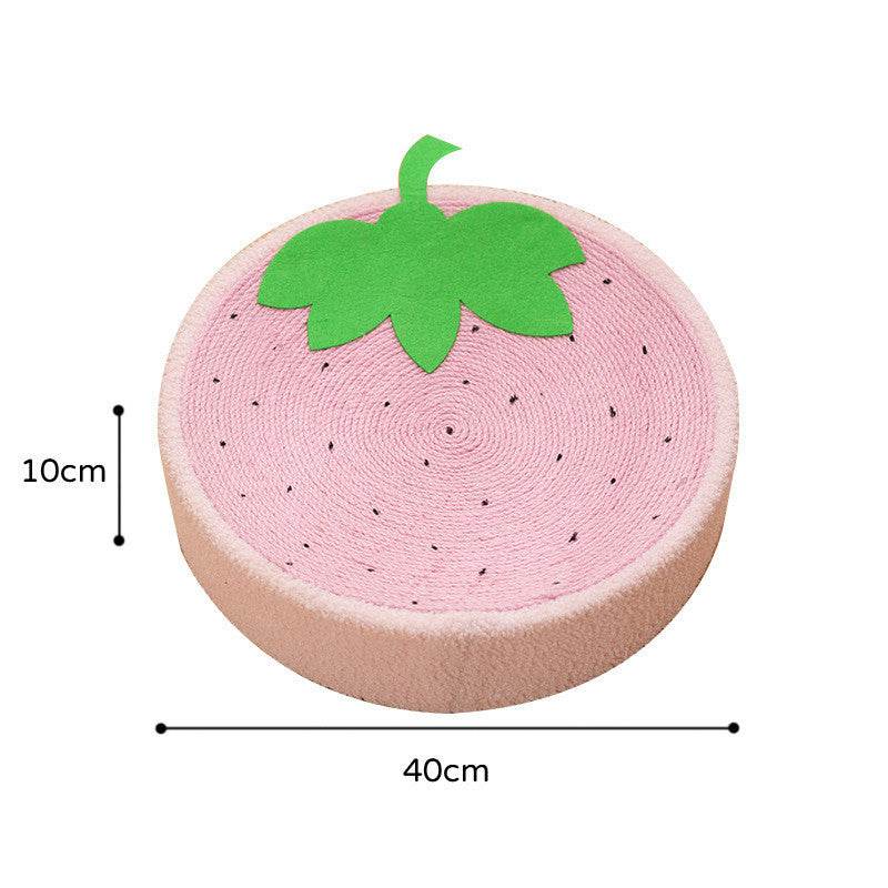 Cute pink strawberry-shaped cat scratch board with sisal surface and teddy velvet sides, 40cm diameter and 10cm height