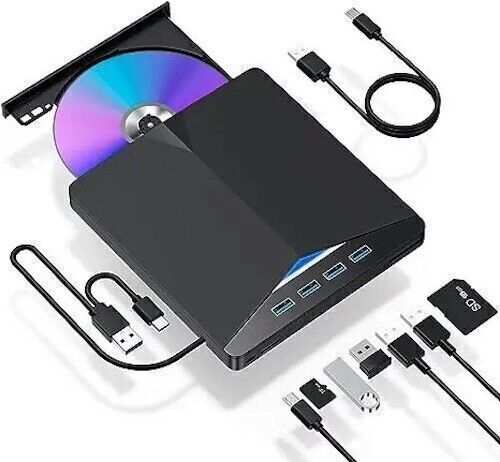 External USB 3.0 DVD writer drive with 4-port USB hub, SD and TF card readers, compatible with Windows, Mac, and Linux laptops and PCs